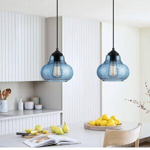 ELYONA Pendant Lights 8 inch Modern Blue Bubble Glass Hanging Light Fixtures